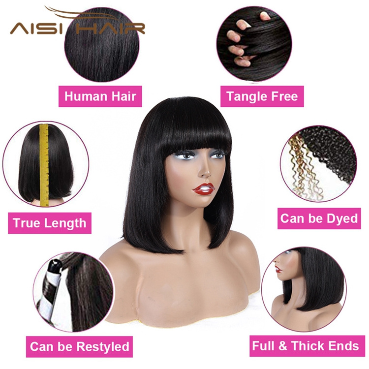 Brazilian None Lace Wigs With Bangs Straight Long Black Human Hair 100%  Glueless Cheap Private Label Human Hair