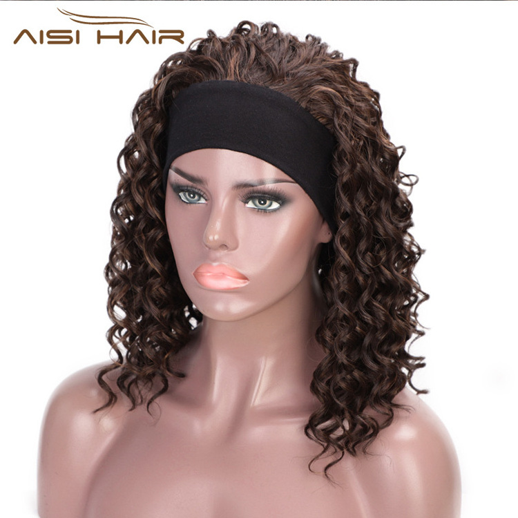 Aisi Hair 3/4 Half Wig Women's Short Full Curly Premium Synthetic Brown Hair Wig with Black Headband for Black Women