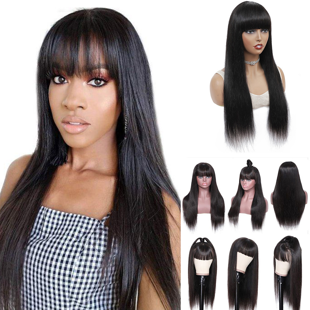 Brazilian None Lace Wigs With Bangs Straight Long Black Human Hair 100%  Glueless Cheap Private Label Human Hair