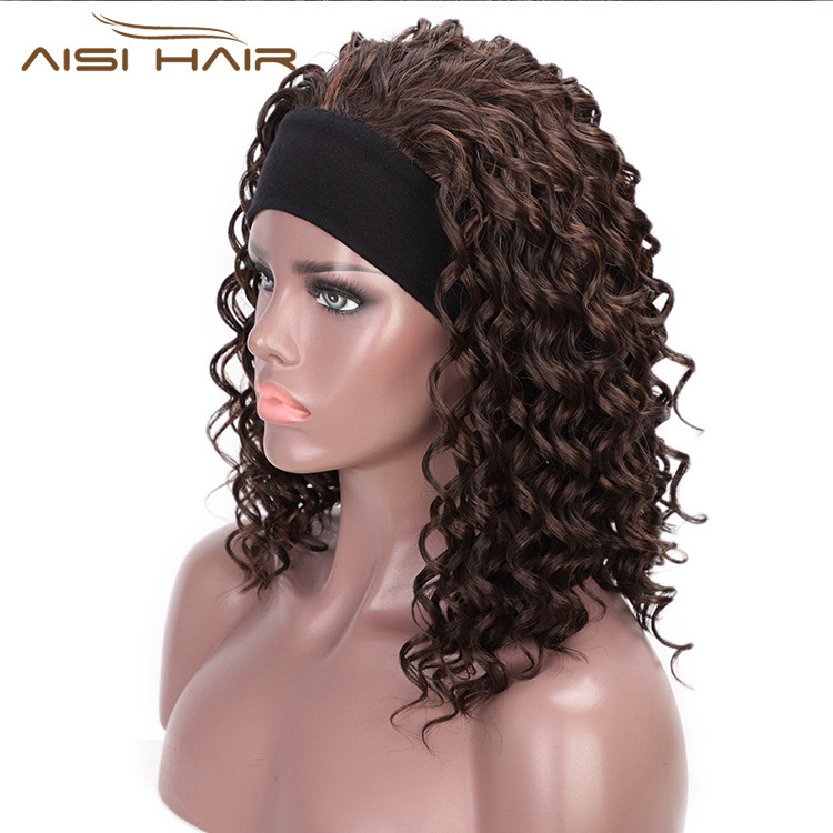 Aisi Hair 3/4 Half Wig Women's Short Full Curly Premium Synthetic Brown Hair Wig with Black Headband for Black Women