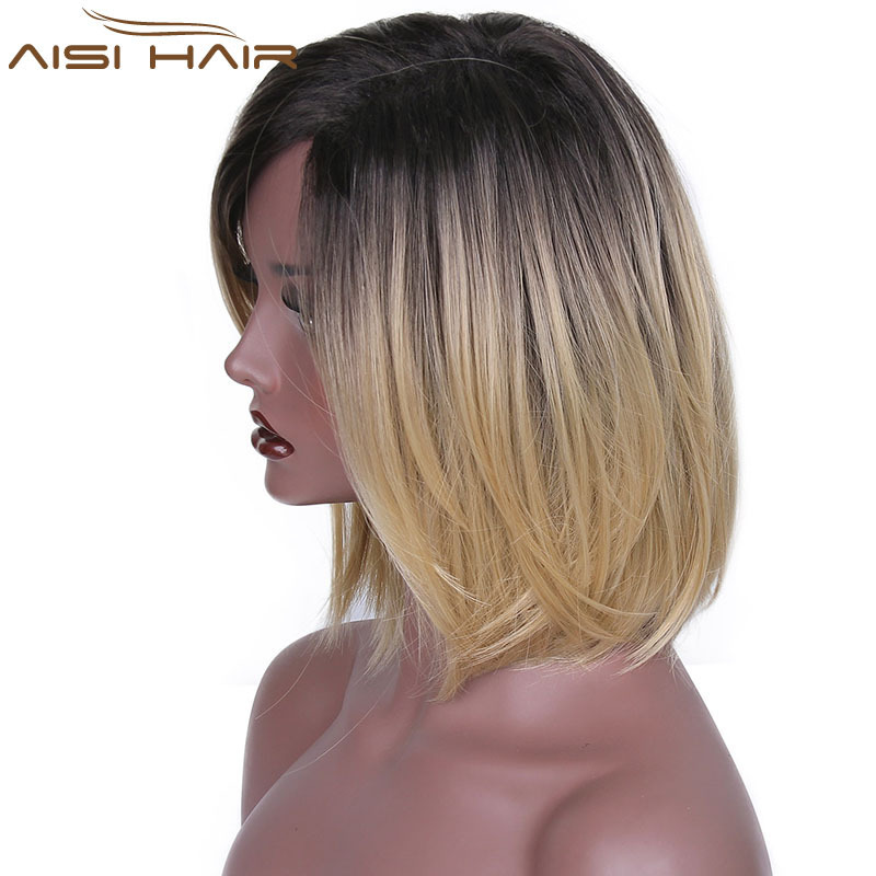 Aisi Hair Black Blonde Ombre Two Tone Color Bob Hair Wig Short Straight Bob Style Synthetic Hair Wigs For Black Women