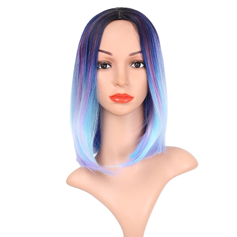 Aisi Hair Ombre Blue Mixed Purple Rainbow Hair Bob Wholesale Synthetic Wig Short Straight Cosplay Bob Wigs For Black Women