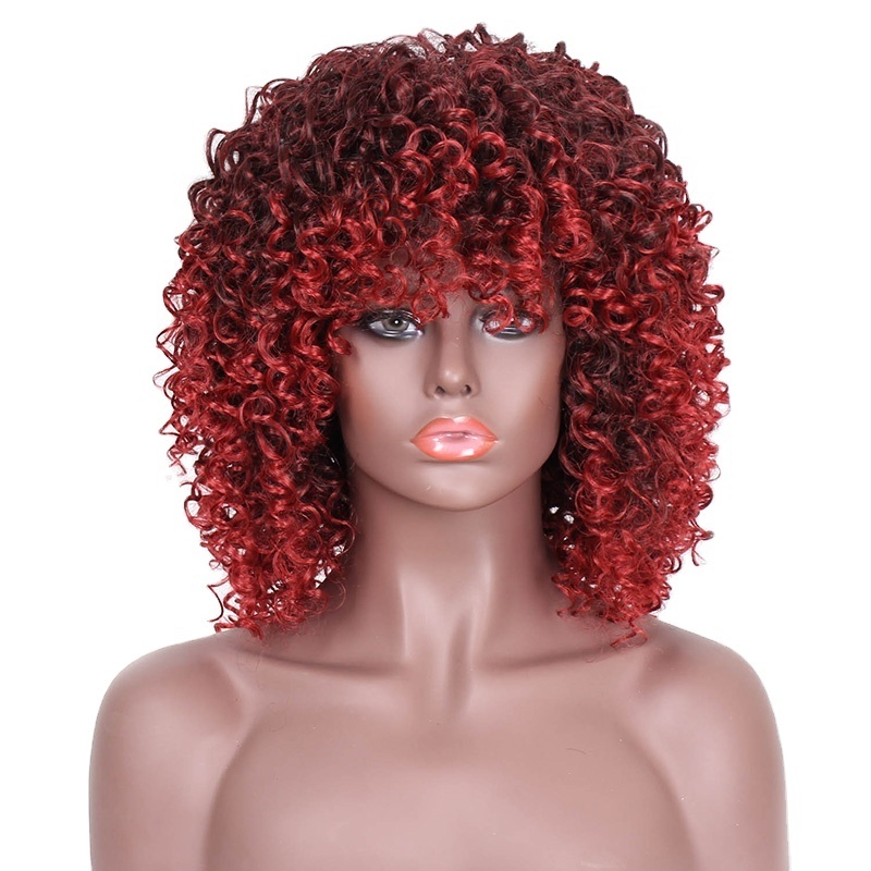 Aisi Hair Afro Cheap Synthetic Heat Resistant Wig Short Kinky Curly Glueless Black Mixed Red Color Wigs With Bangs