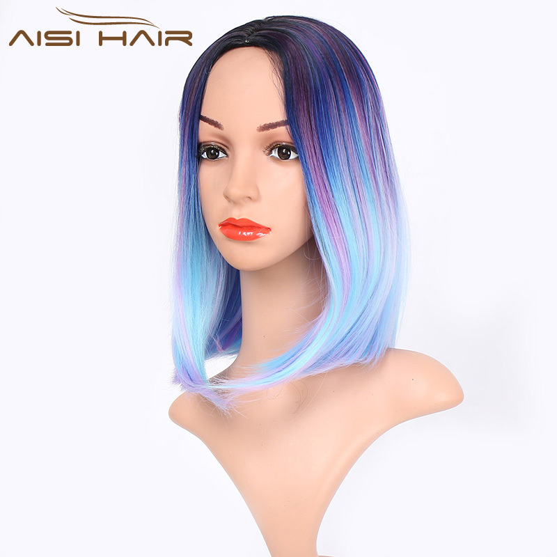 Aisi Hair Ombre Blue Mixed Purple Rainbow Hair Bob Wholesale Synthetic Wig Short Straight Cosplay Bob Wigs For Black Women