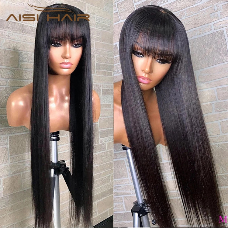 Brazilian None Lace Wigs With Bangs Straight Long Black Human Hair 100%  Glueless Cheap Private Label Human Hair