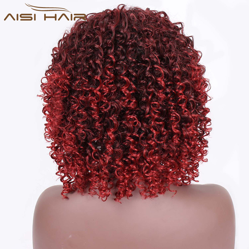 Aisi Hair Afro Cheap Synthetic Heat Resistant Wig Short Kinky Curly Glueless Black Mixed Red Color Wigs With Bangs