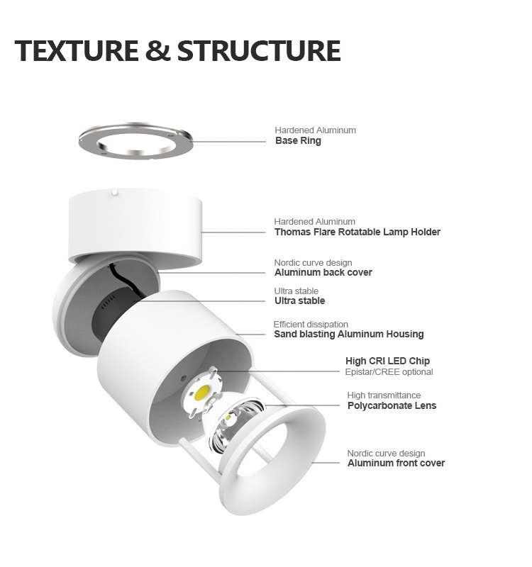 Aisilan Indoor store hotel home  anti glare cob adjustable LED Spotlight surface mounted downlight ceiling light