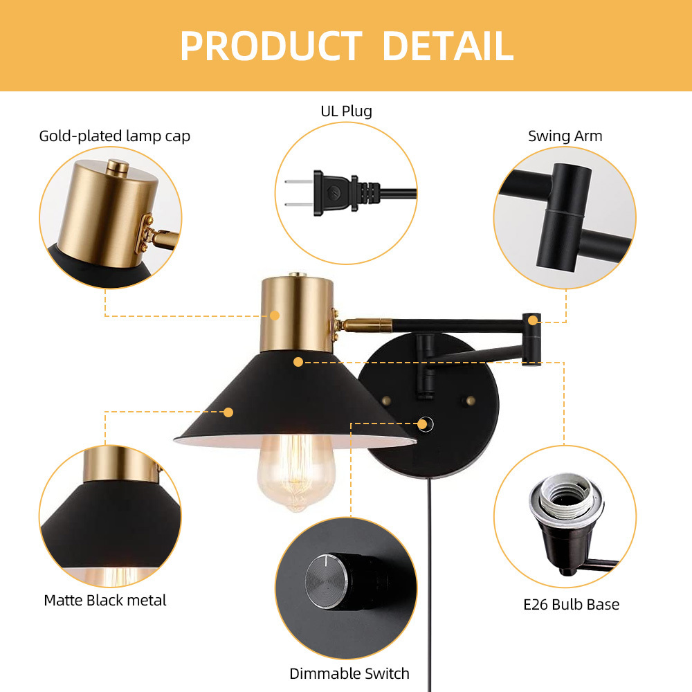 Aisilan indoor lighting hotel classic tradition single head  plug in  black  gold  long arm wall lamp