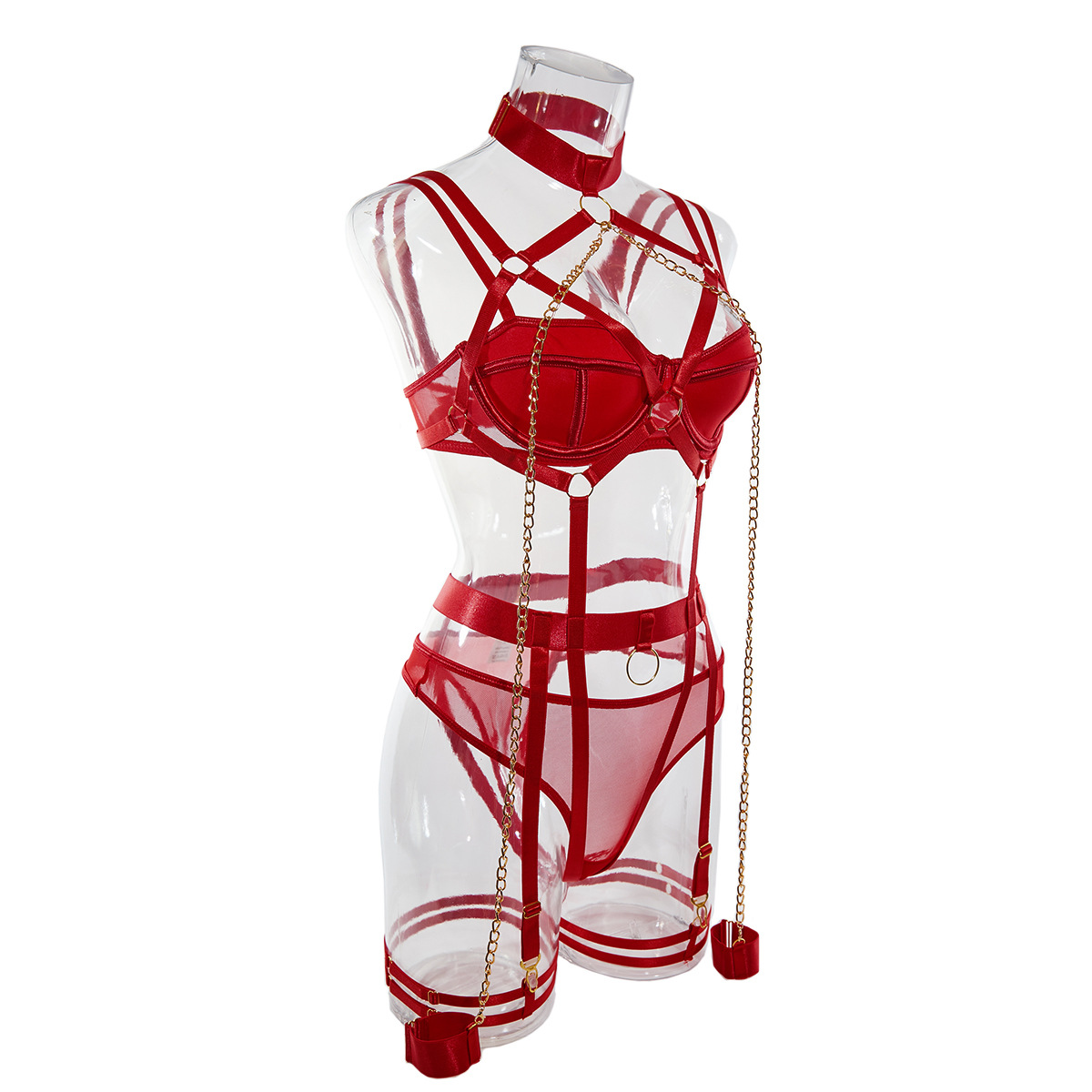 Wholesale Women Erotic Club Wear Hollow Out Mesh 4 Piece Set Female Black Red Bandage Chain Women's Sexy Lingerie Set