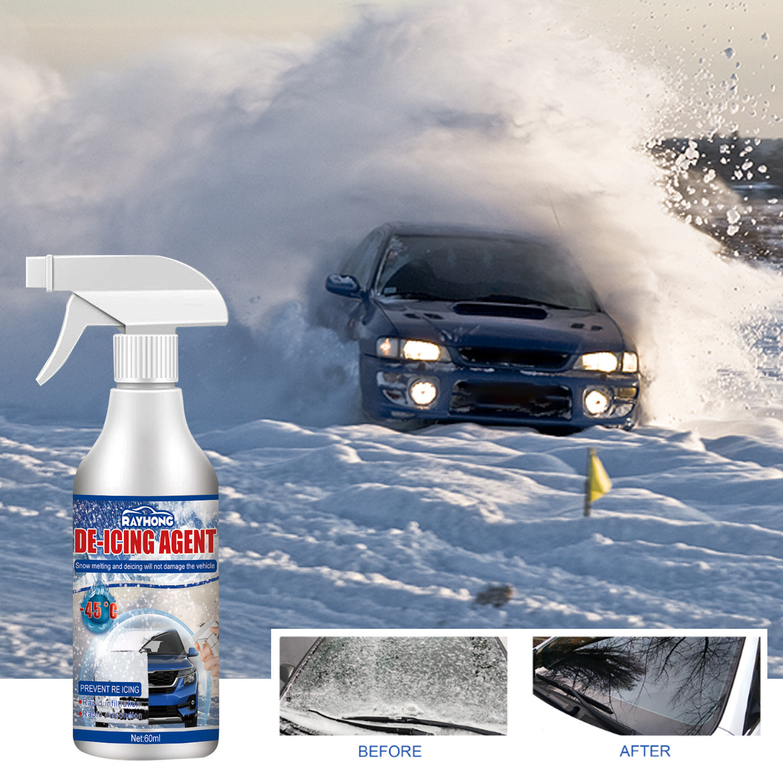 Private Label RAYHONG 60ml Car Window Anti Icing Frost Deicer De-icing Agent Quick Snow Melting Spray