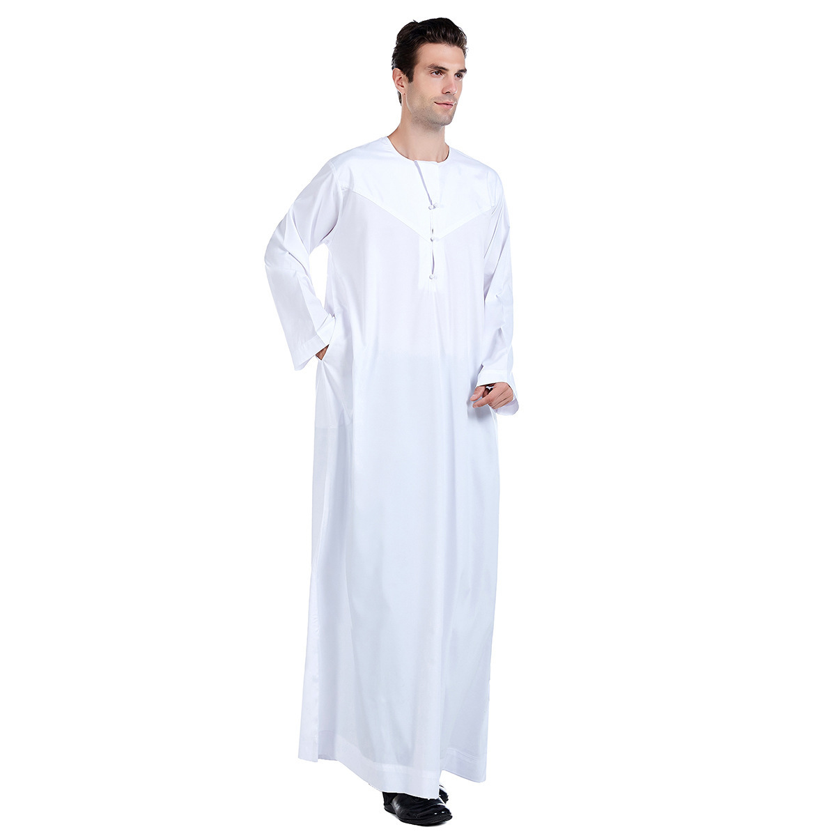 Custom Logo Muslim Men's Thobe Robe with Pocket Maxi Dress Loose Jubba for Islamic Men