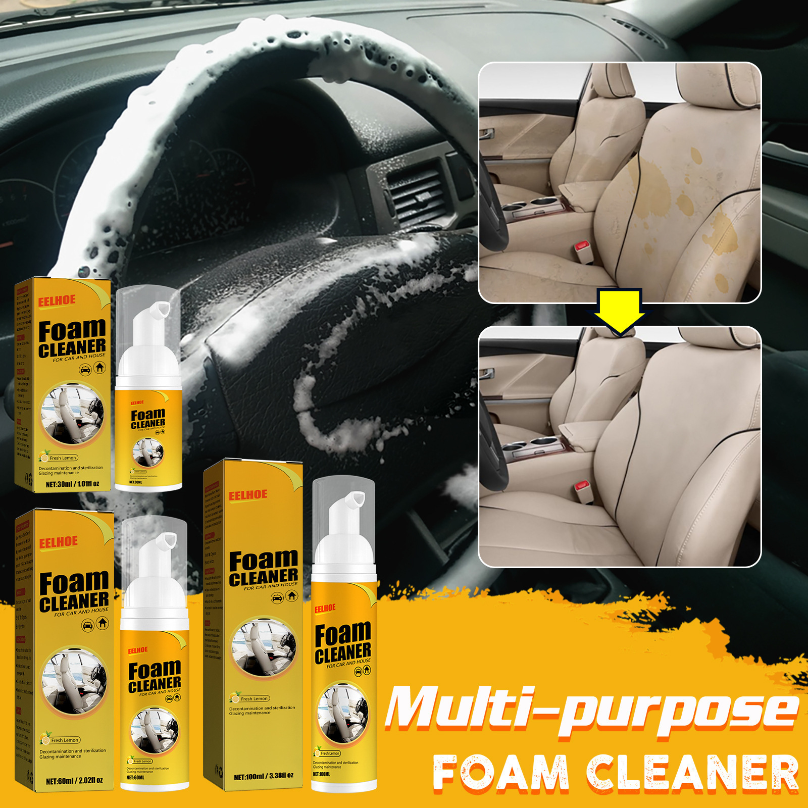 Private Label EELHOE Foam Cleaner Spray for Car and House Multi-purpose Fresh Lemon Car Cleaning Spray