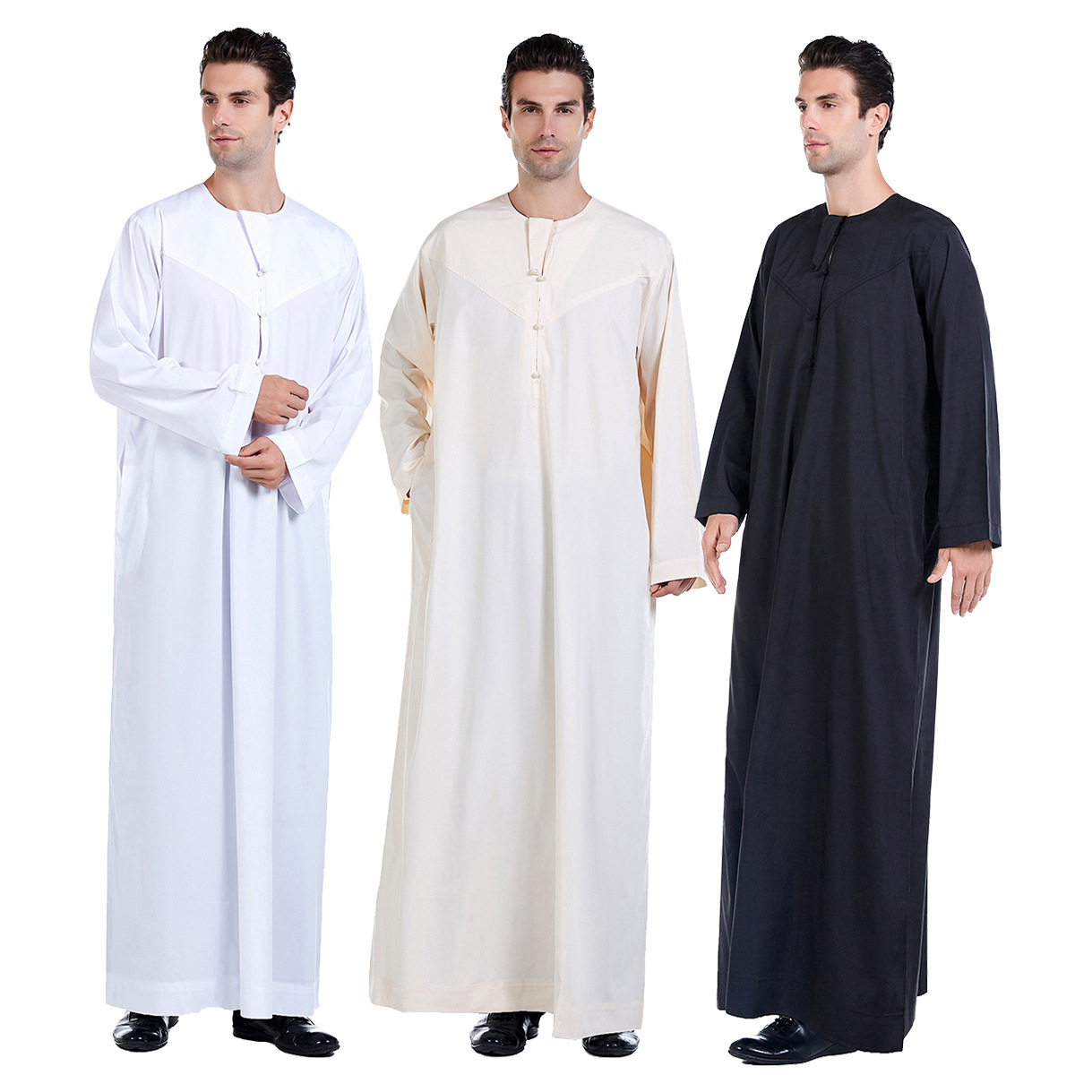 Custom Logo Muslim Men's Thobe Robe with Pocket Maxi Dress Loose Jubba for Islamic Men