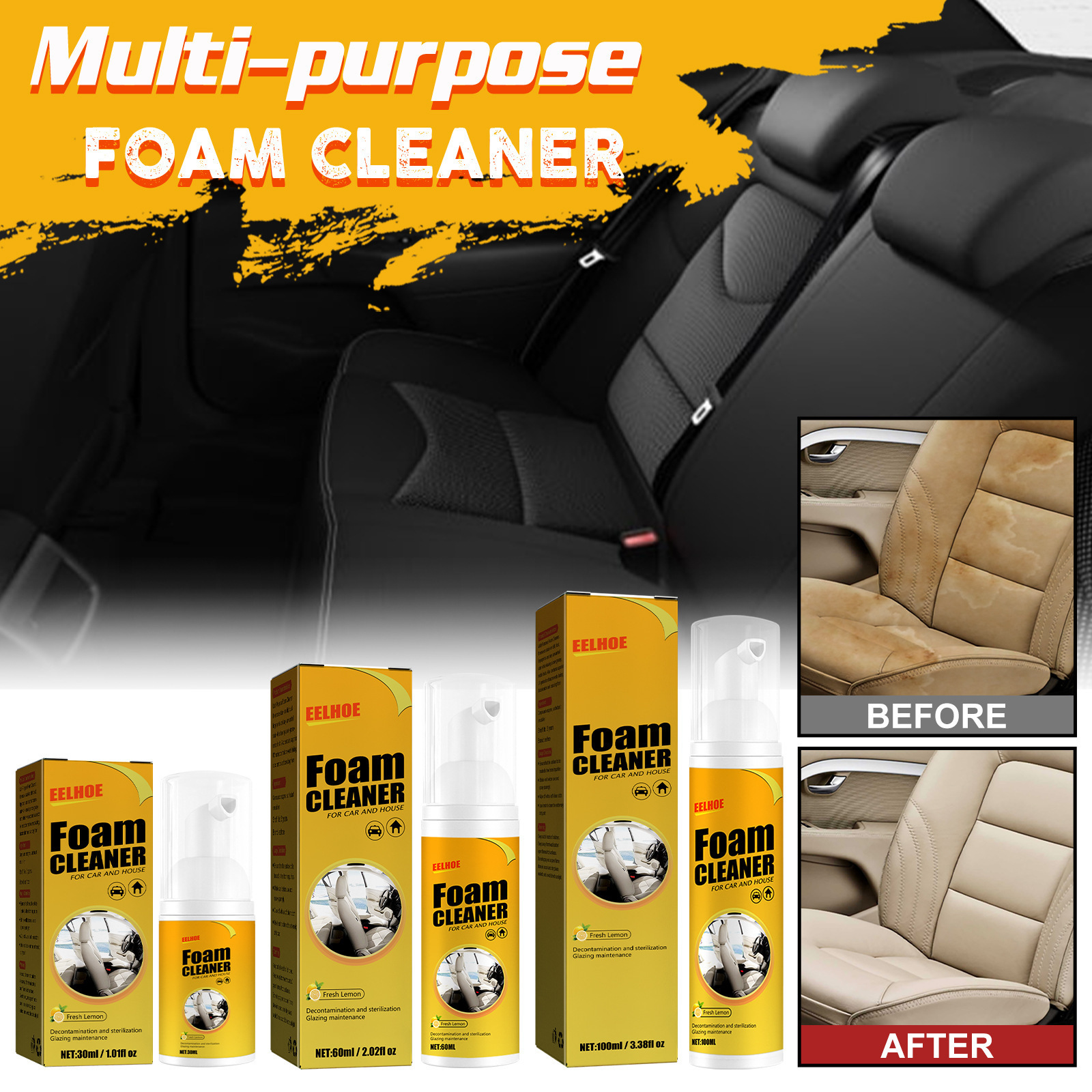 Private Label EELHOE Foam Cleaner Spray for Car and House Multi-purpose Fresh Lemon Car Cleaning Spray