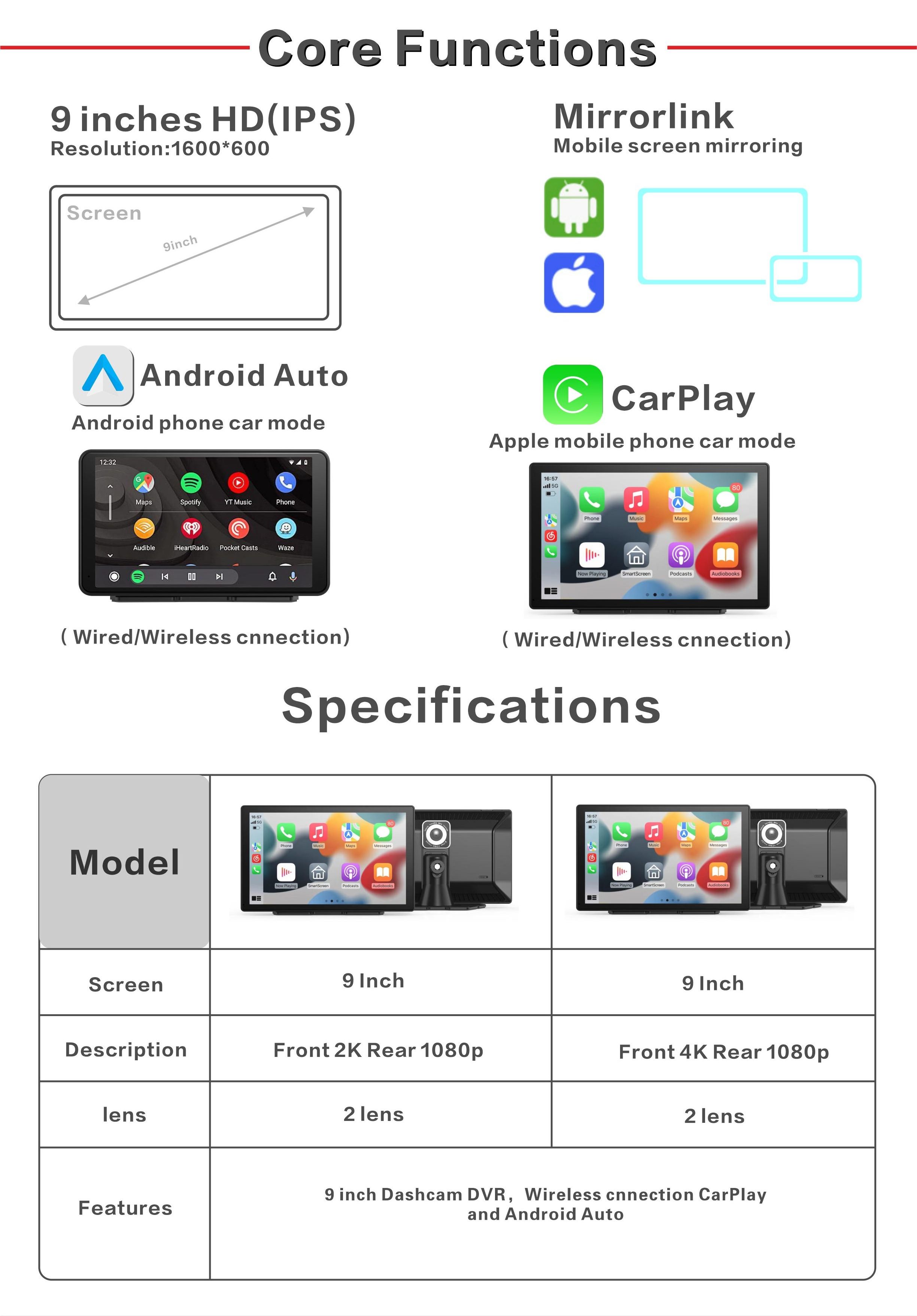 2023 New 9 inch Car Recorder 2 Cameras Universal Wireless Carplay Car Android Auto Stereo Dvd Player Portable Car Radio Carplay