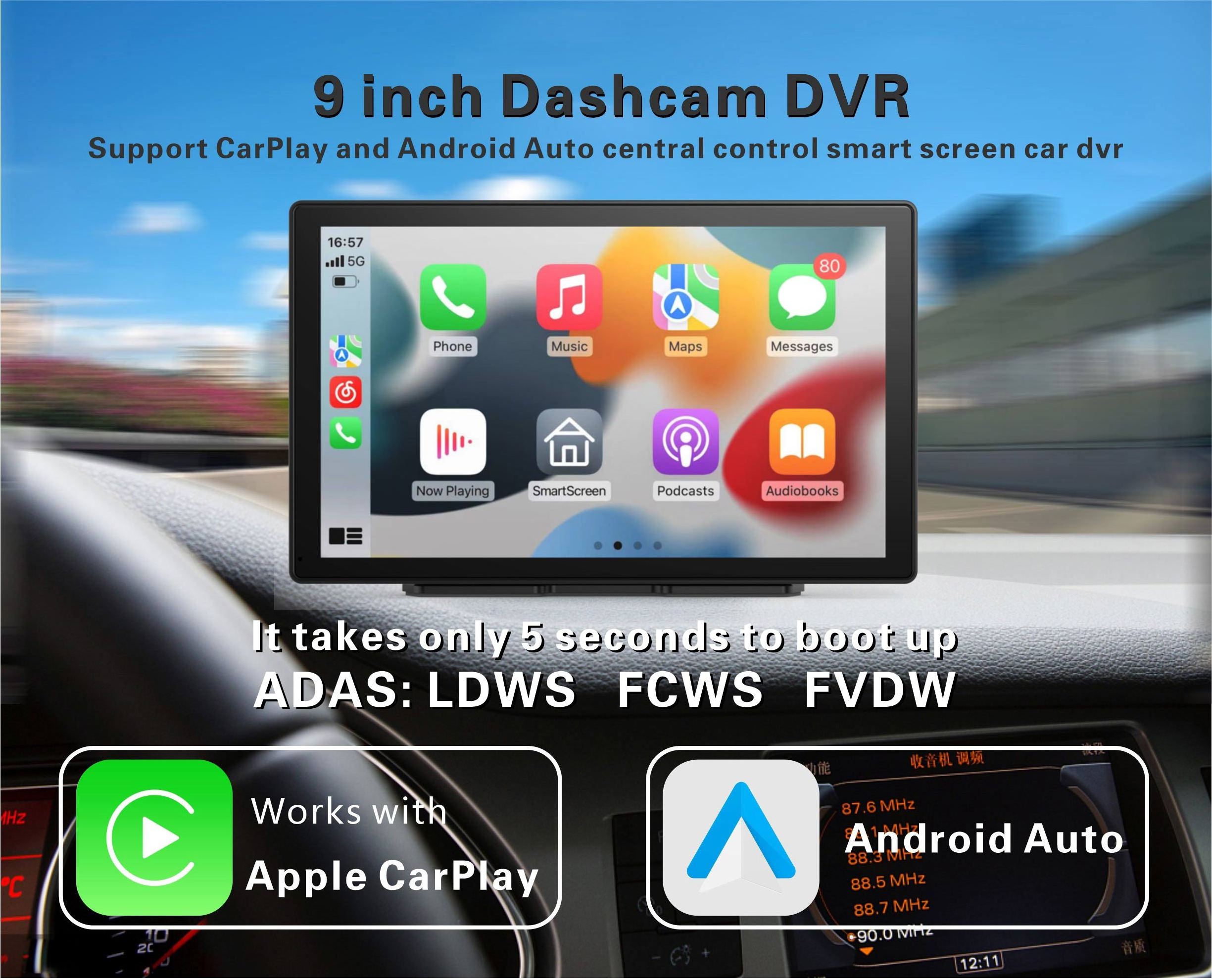 2023 New 9 inch Car Recorder 2 Cameras Universal Wireless Carplay Car Android Auto Stereo Dvd Player Portable Car Radio Carplay