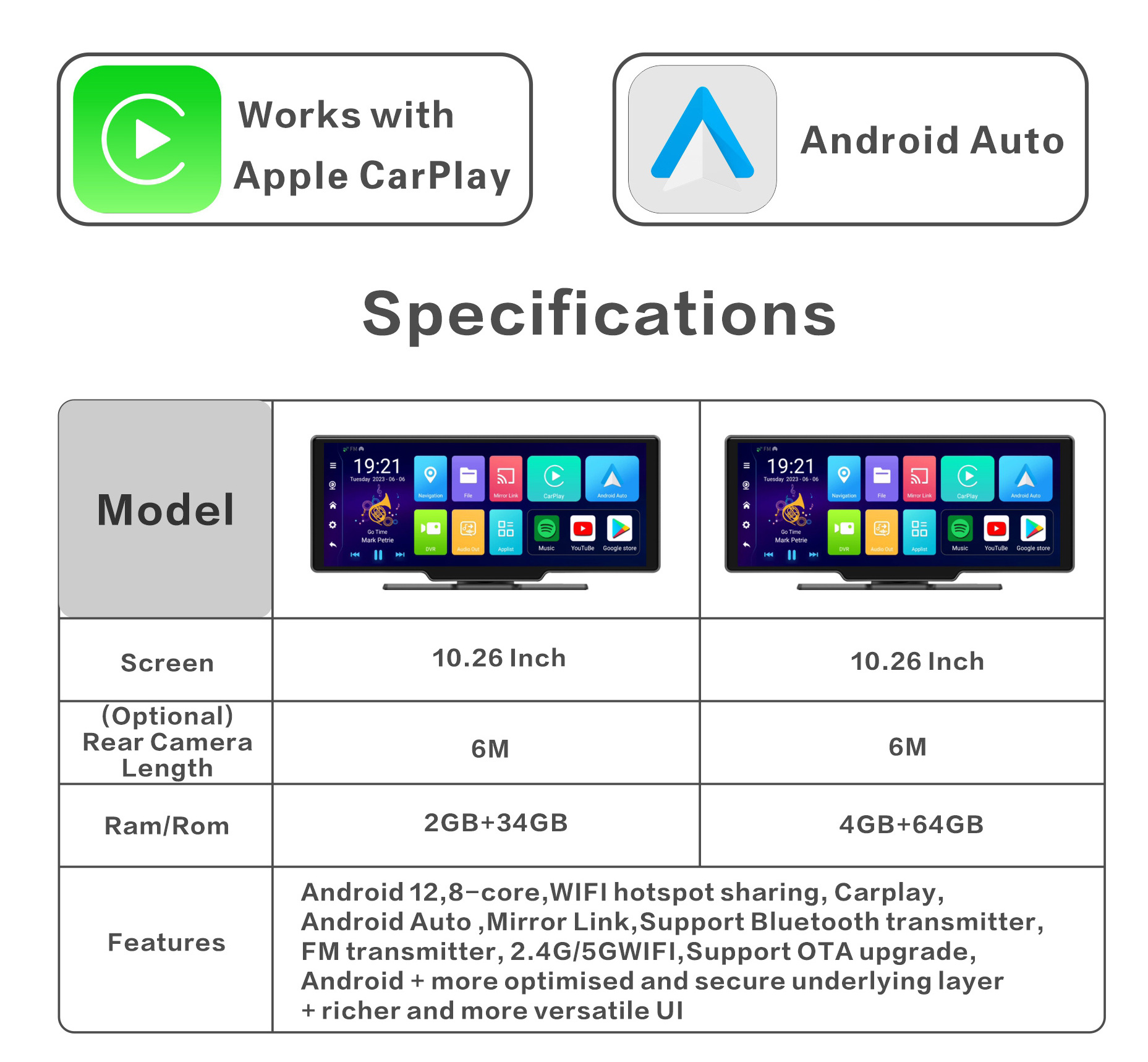 Universal 10.26 inch Android13   Carplay Screen Android Car Radio with Reverse Camera