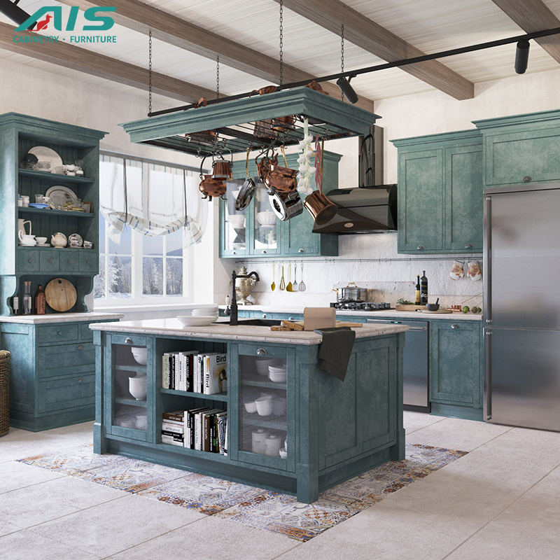 Ais Custom European Full Morden Luxurious High End Grey Kitchen Shaker Style Cabinets With Glass Showcase