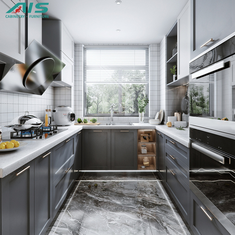 Ais Custom European Full Morden Luxurious High End Grey Kitchen Shaker Style Cabinets With Glass Showcase