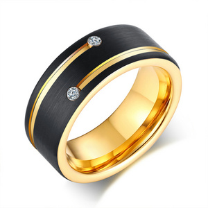 Wholesale 8mm Black with Gold Plating Tungsten Steel Ring with Cubic Zirconia Mens Wedding Band