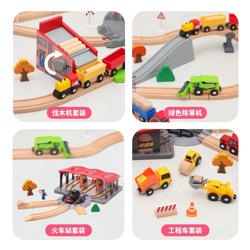 Kids airport fire station scene educational railway wooden track block compatible hand push toy train