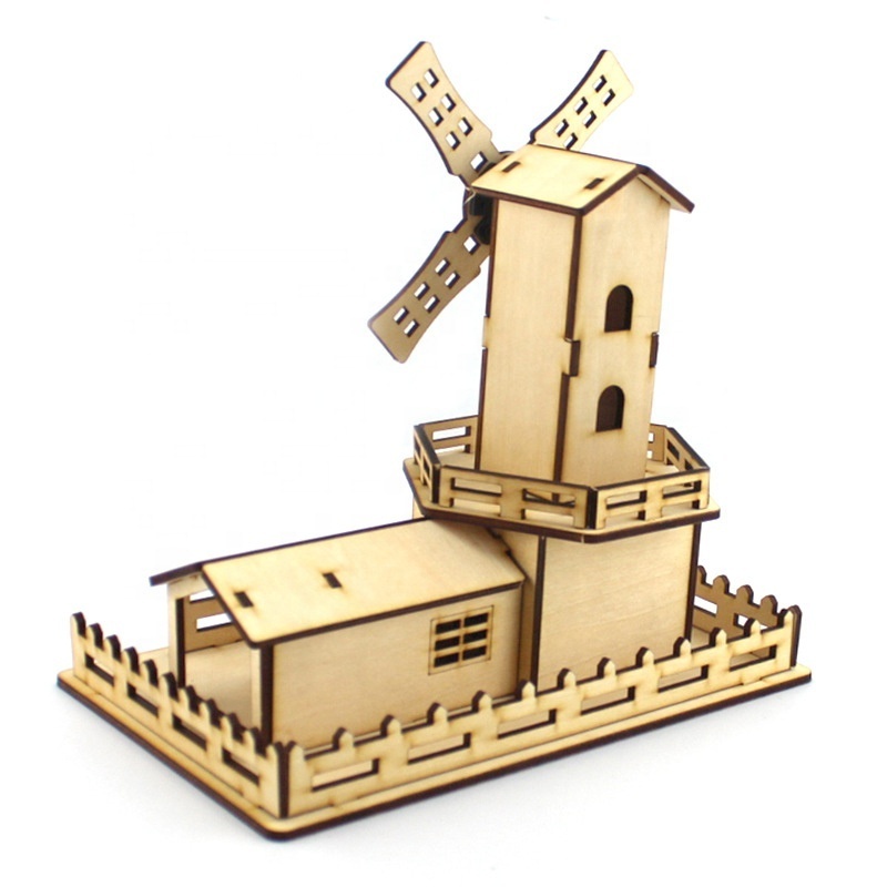 Kids diy windmill castle sound coloring glue 3d wooden puzzle house