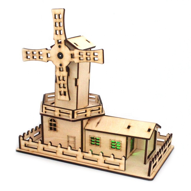 Kids diy windmill castle sound coloring glue 3d wooden puzzle house