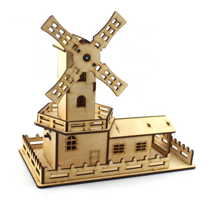 Kids diy windmill castle sound coloring glue 3d wooden puzzle house