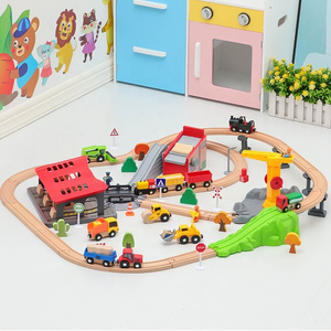 Kids airport fire station scene educational railway wooden track block compatible hand push toy train