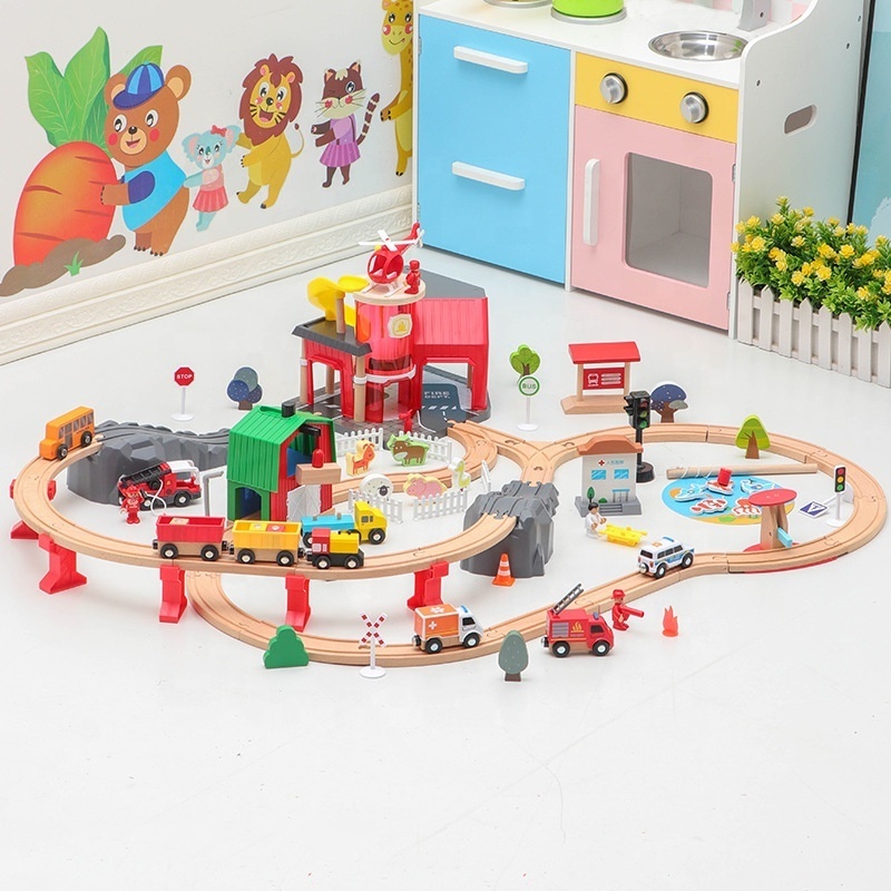 Kids airport fire station scene educational railway wooden track block compatible hand push toy train