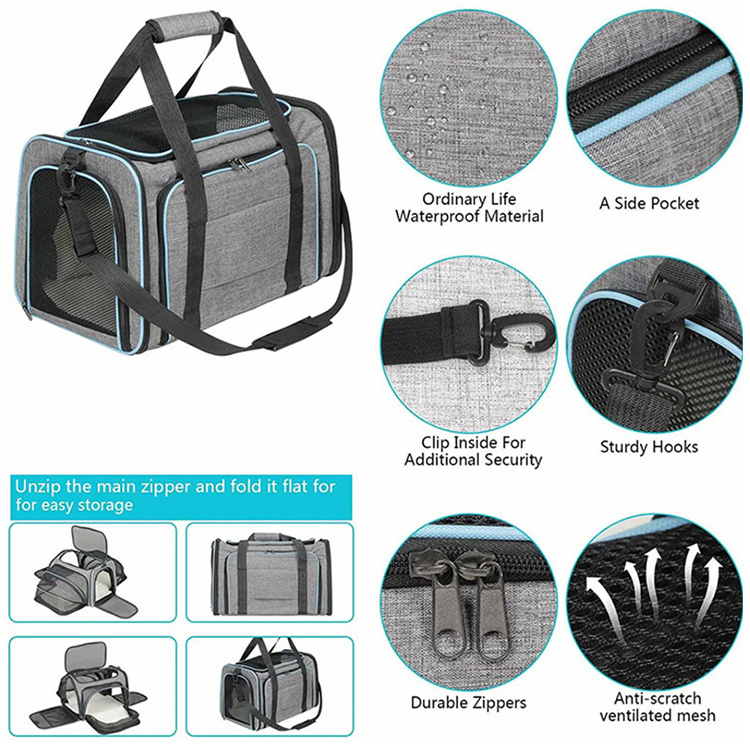 2023 Pet Carrier Airline Approved Expandable Foldable Dog Carrier 3 Open Doors 2 Reflective Tapes Pet Travel Bag