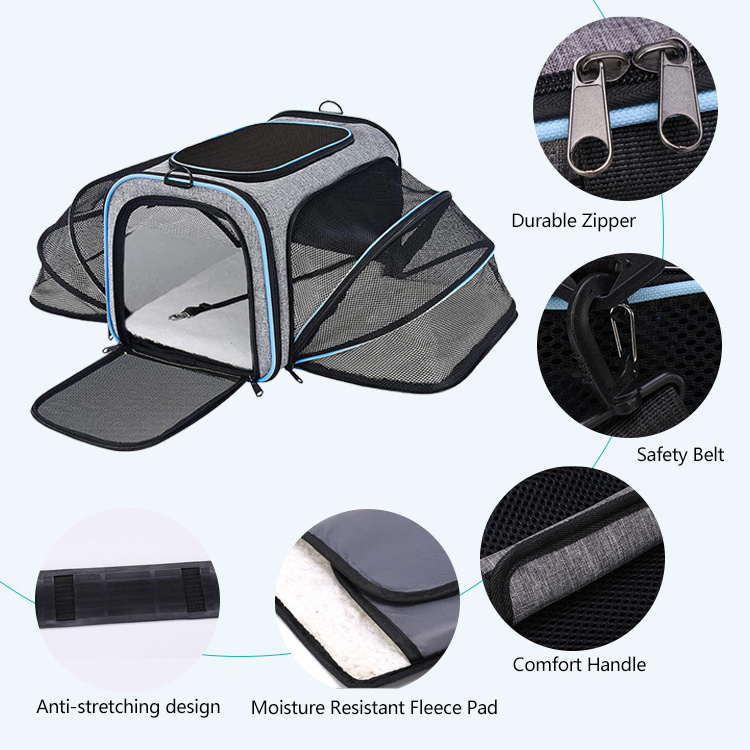 2023 Pet Carrier Airline Approved Expandable Foldable Dog Carrier 3 Open Doors 2 Reflective Tapes Pet Travel Bag