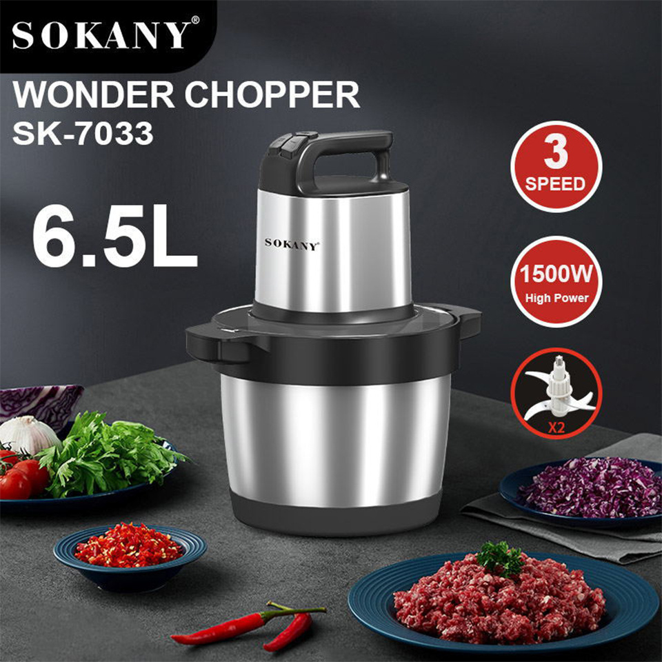 SK7033 Meat Grinder Electric Food Processor 6.5L Stainless Steel Meat Blender Food Chopper for Meat Vegetables Fruits and Nuts