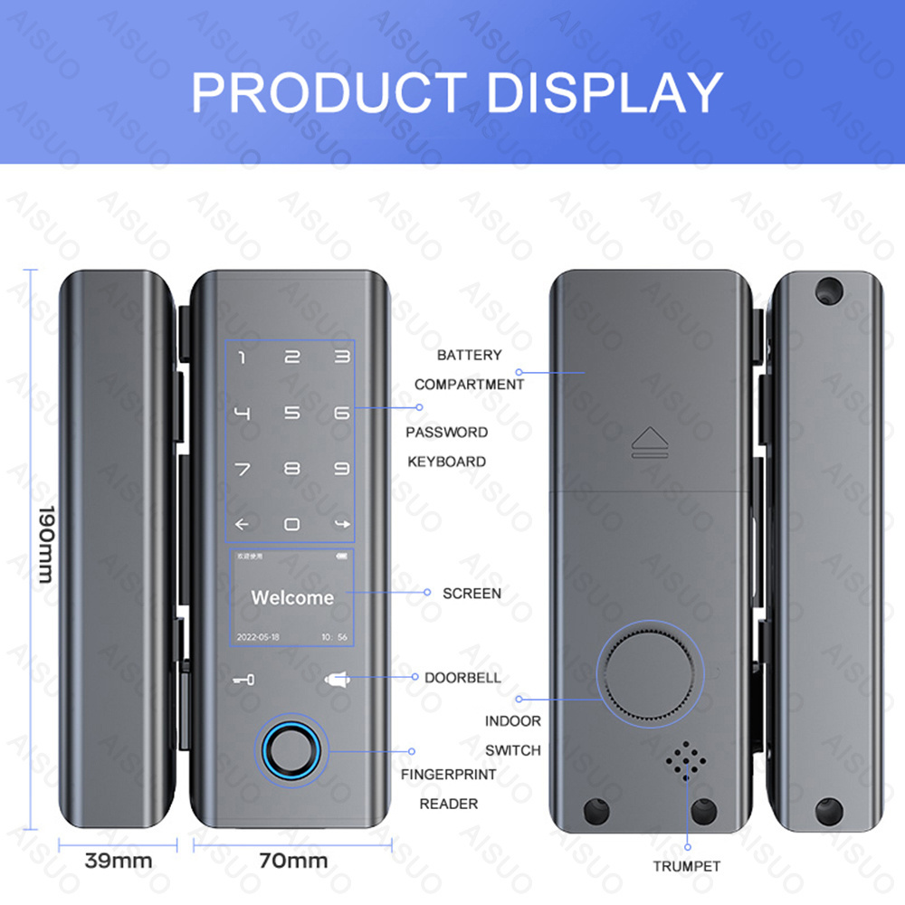 Hot Selling TUYA WIFI Smart Glass Door Lock Bluetooth APP Digital Biometric Fingerprint Card Digital Lock Office Glass Door Lock