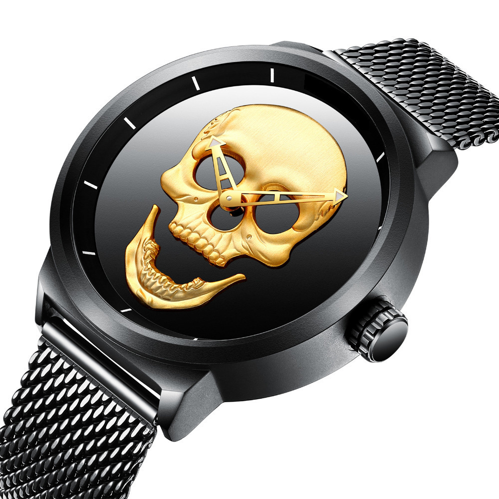 Aishy Waterproof Skull Men's Watch Stainless Steel and Leather Belt Head Ghost Head Wristwatch Cool Skeleton Big Watch For male