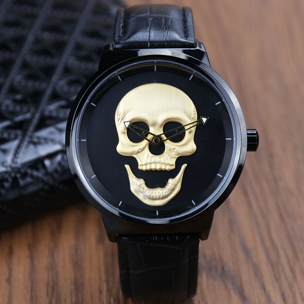 Aishy Waterproof Skull Men's Watch Stainless Steel and Leather Belt Head Ghost Head Wristwatch Cool Skeleton Big Watch For male