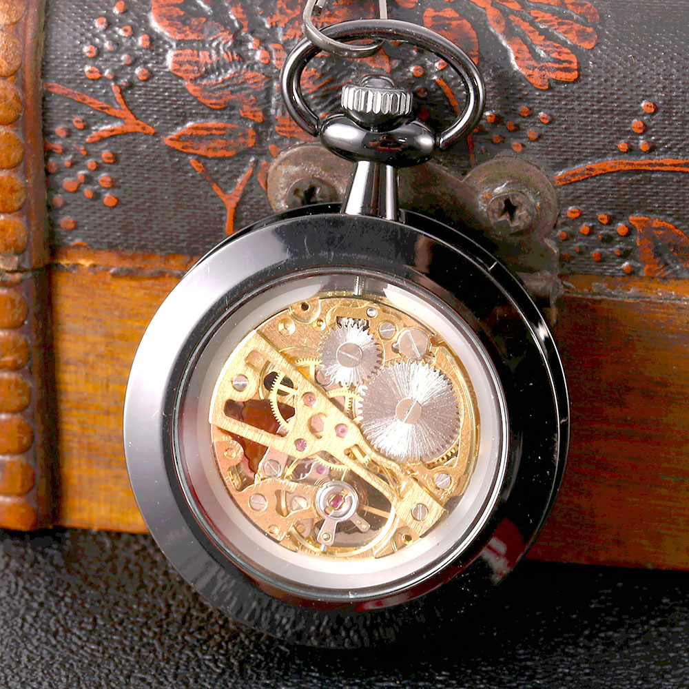 High quality Fashion Pocket Watch Wholesale Transparent large scale blue roman mechanical pocket watch skeleton watch