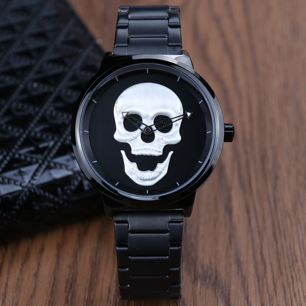 Aishy Waterproof Skull Men's Watch Stainless Steel and Leather Belt Head Ghost Head Wristwatch Cool Skeleton Big Watch For male