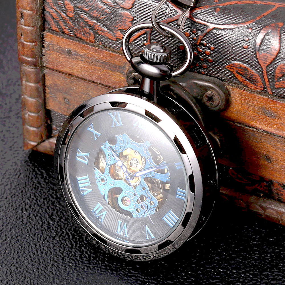 High quality Fashion Pocket Watch Wholesale Transparent large scale blue roman mechanical pocket watch skeleton watch