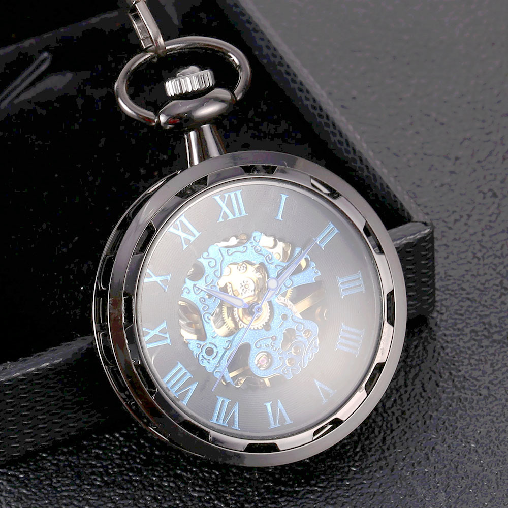 High quality Fashion Pocket Watch Wholesale Transparent large scale blue roman mechanical pocket watch skeleton watch