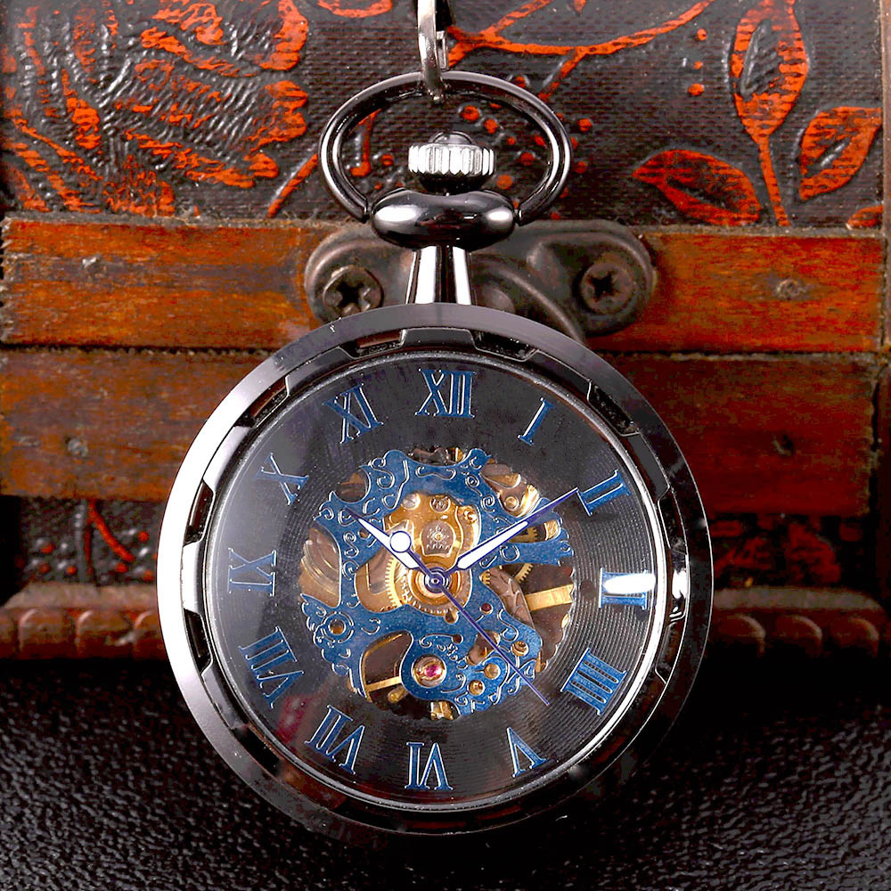 High quality Fashion Pocket Watch Wholesale Transparent large scale blue roman mechanical pocket watch skeleton watch