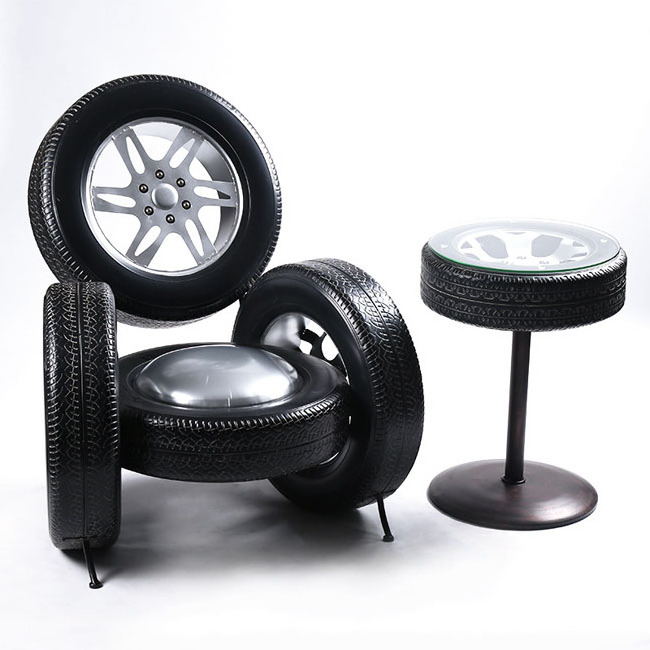 Hot sale coffee western restaurant round table and chair combination custom Retro iron table chair bar stool creative tire sofa