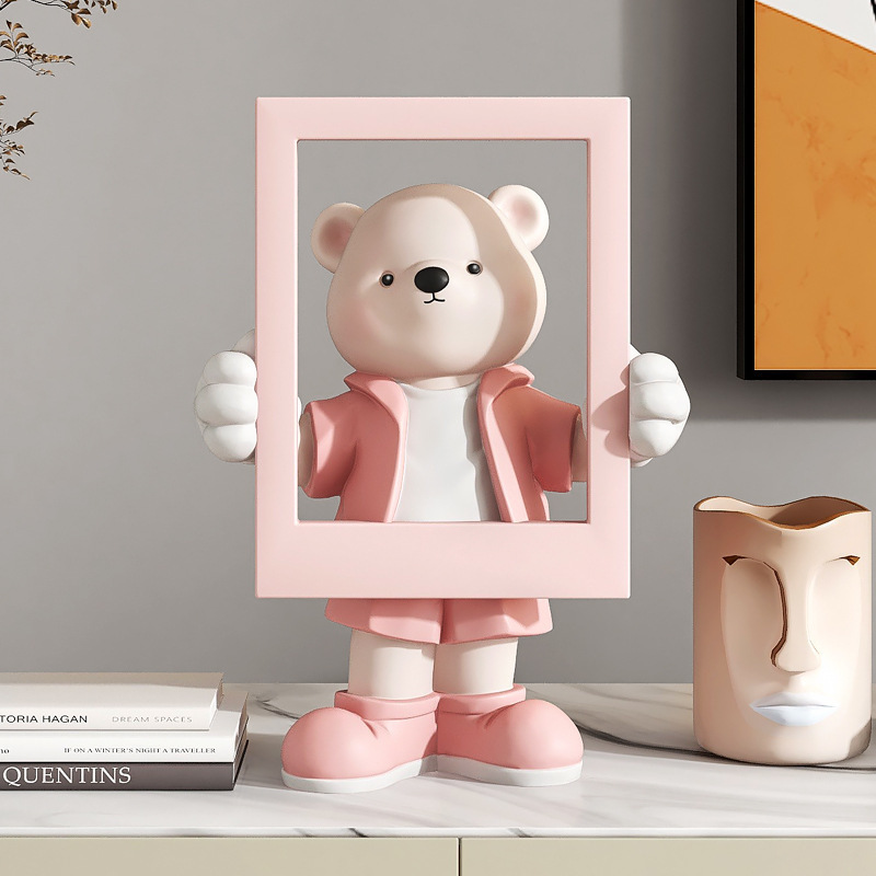 Wholesale Photo frame decoration fiberglass bear sculptures home accessories Custom Cartoon bear statue landing decoration