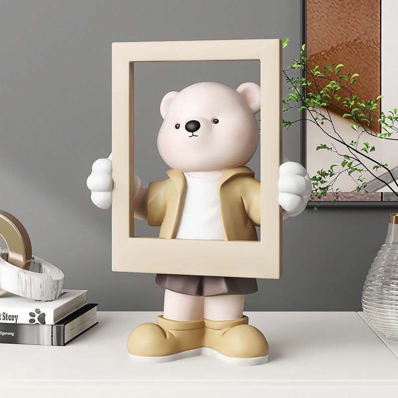 Wholesale Photo frame decoration fiberglass bear sculptures home accessories Custom Cartoon bear statue landing decoration