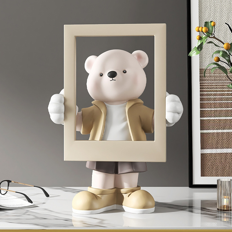 Wholesale Photo frame decoration fiberglass bear sculptures home accessories Custom Cartoon bear statue landing decoration