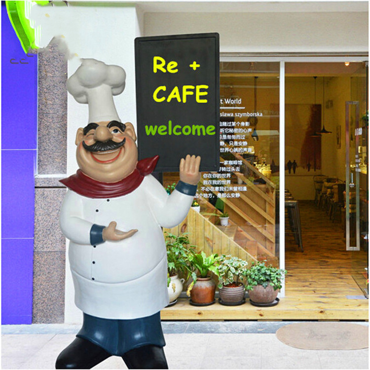 Custom word welcome chef Restaurant Decoration Resin Cook Sculpture Fiberglass Fat Pizza Chef Man Figurine Statue