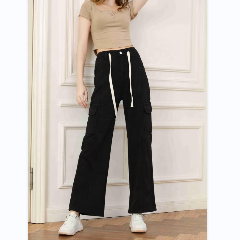 black pants casual baggy high quality buy jeans in bulk mummy jeans si yan jeans denim Wide leg cargo pants with side pockets