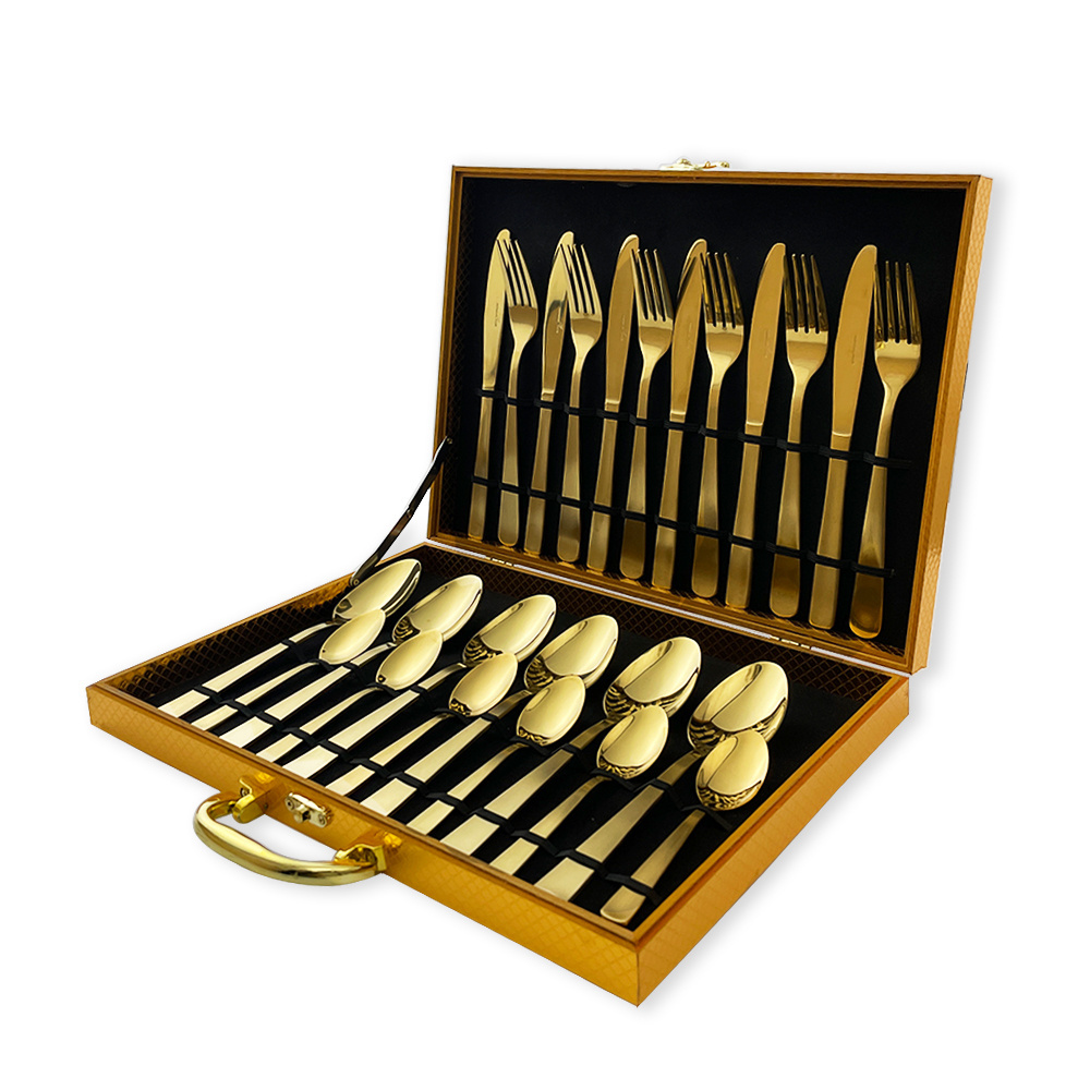 Low Price Custom Logo gold flatware set stainless steel cutlery set with box 24pcs luxury gift gold cutlery set for wedding