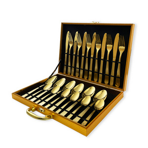 Low Price Custom Logo gold flatware set stainless steel cutlery set with box 24pcs luxury gift gold cutlery set for wedding