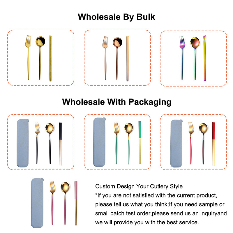 Customizable Logo/Box camping cutlery set fork knife and spoon chopsticks set stainless steel cutlery with wheat box